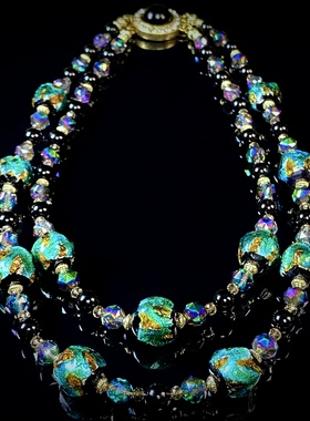 中古饰品金银蓝彩箔手工琉璃颈链湖蓝系气质复古原创项链耳饰套装