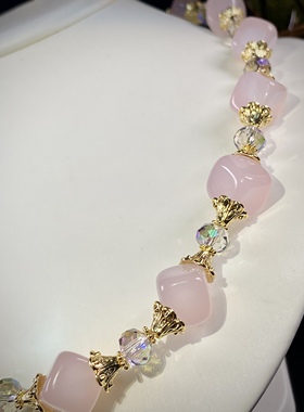 中古饰品原创设计进口粉色巴西油润玛瑙水晶气质项链耳饰套装