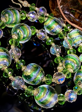 中古饰品银箔黄绿手工琉璃颈链卡16绿色系流行清新原创设计项链