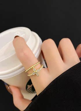 韩国ins潮双层叠戴花朵戒指女小