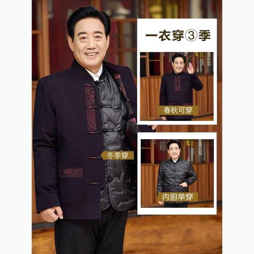 高档男士中国风秋冬唐装套装中老年爸爸外套爷爷冬季羽绒立领夹克 - 图0