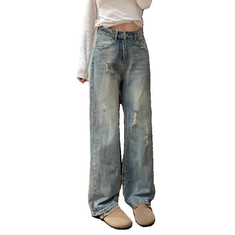 150小个子覆古破洞直筒牛仔裤女春秋新款高腰乞丐裤百搭阔腿裤,淘宝优惠券,粉丝福利购,淘宝优惠卷