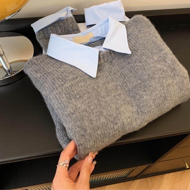 Rixo Rane撞色翻领毛衣 女装大码灰色长袖针织衫 法式假两件春秋,淘宝优惠券,粉丝福利购,淘宝优惠卷