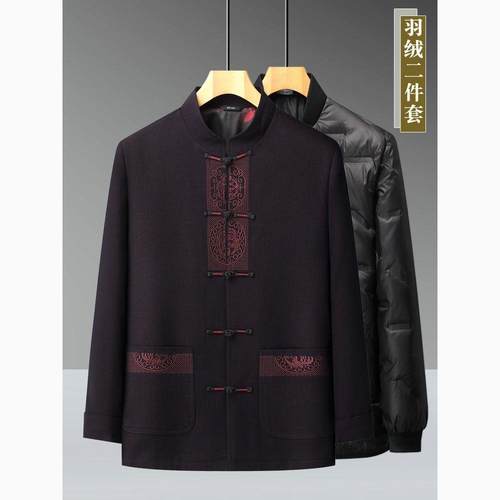 高档男士中国风秋冬唐装套装中老年爸爸外套爷爷冬季羽绒立领夹克 - 图1