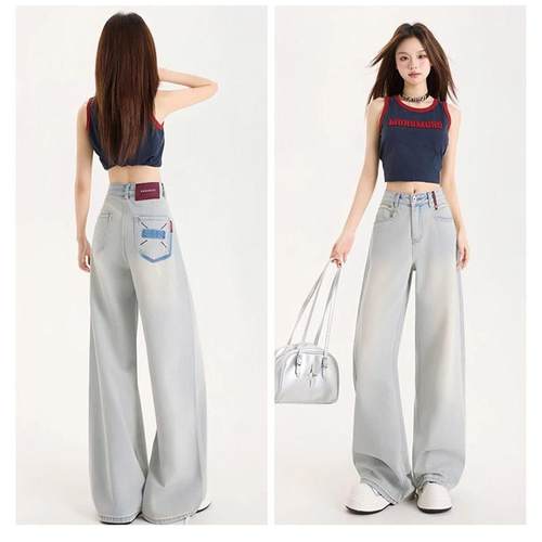 浅蓝色阔腿牛仔裤女秋季薄款2025新款高腰宽松撞色直筒休闲拖地裤 - 图0