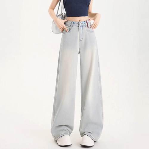 浅蓝色阔腿牛仔裤女秋季薄款2025新款高腰宽松撞色直筒休闲拖地裤 - 图1