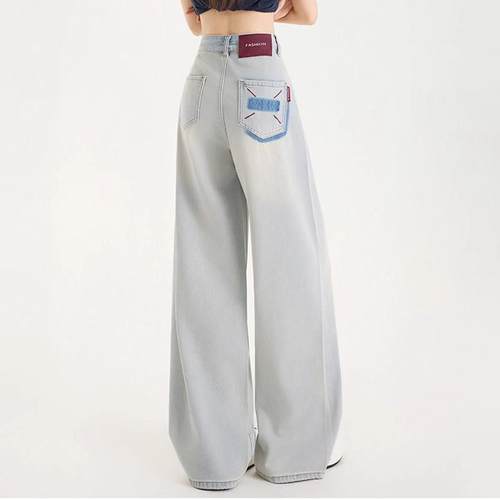 浅蓝色阔腿牛仔裤女秋季薄款2025新款高腰宽松撞色直筒休闲拖地裤 - 图3