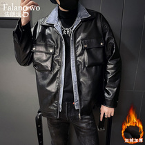 Autumn and winter shake-up Fake Two Splicing Leather Clothes Male Tide Cards Casual Work Suit Jacket Plus Suede Thickened Leather Jacket