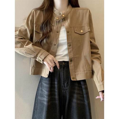 韩国大码胖mm美式立领夹克外套女春秋2025新款工装风正肩短款上衣 - 图3
