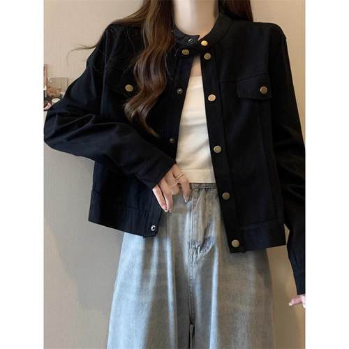韩国大码胖mm美式立领夹克外套女春秋2025新款工装风正肩短款上衣 - 图2