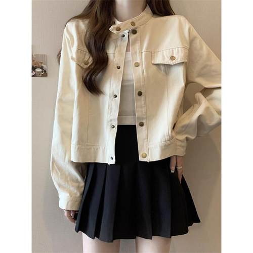 韩国大码胖mm美式立领夹克外套女春秋2025新款工装风正肩短款上衣 - 图1