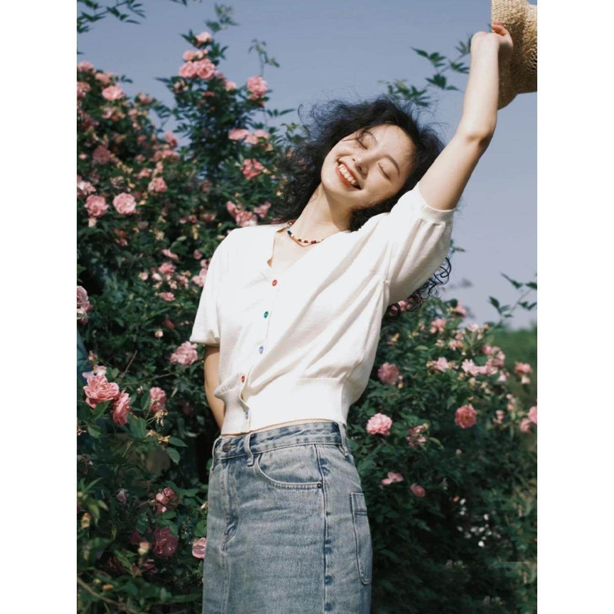 法国Rixo Rane宝藏推荐⭐复古甜美v领短袖针织衫收腰显瘦冰丝开衫,淘宝优惠券,粉丝福利购,淘宝优惠卷