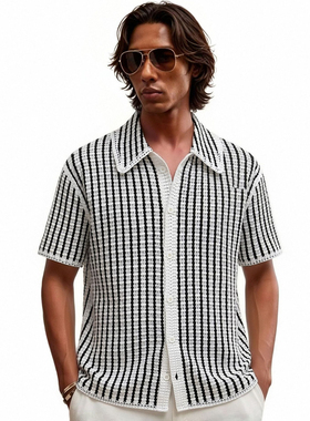 2026夏季老钱风条纹针织衬衫男士短袖休闲开衫Polo衫Men's shirt