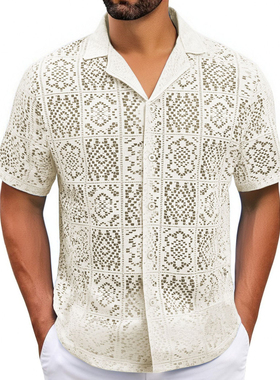 欧美男士性感镂空衬衫2025夏季新款大码蕾丝短袖衬衣Men's shirt