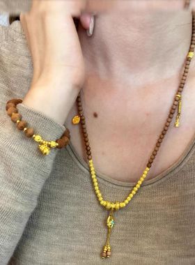 老山檀串珠毛衣链古法金黄金色手链男女文玩手串复古精致新款