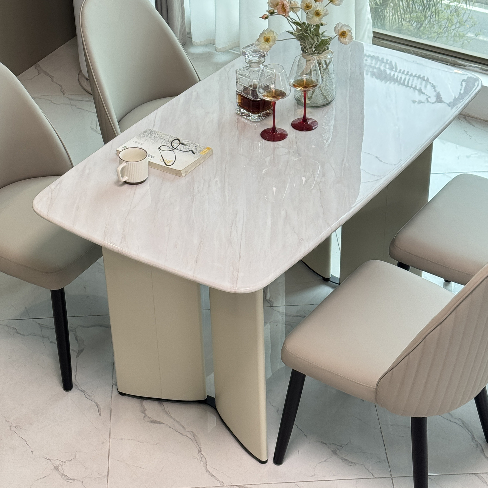 高级感奶油风现代简约轻奢大理石餐桌奢石纹理金刚大理石餐桌组合,淘宝优惠券,粉丝福利购,淘宝优惠卷