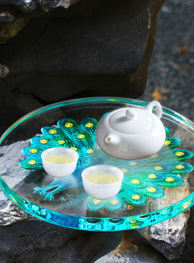 孔雀琉璃盘干炮台茶台摆件