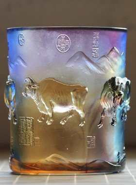 古法琉璃五牛图送老外桌面摆件