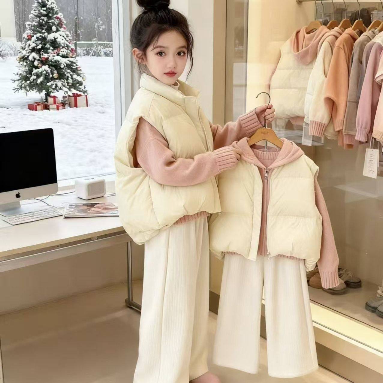 女童套装冬季2025新款韩版时髦保暖马甲毛衣加绒阔腿裤三件套,淘宝优惠券,粉丝福利购,淘宝优惠卷