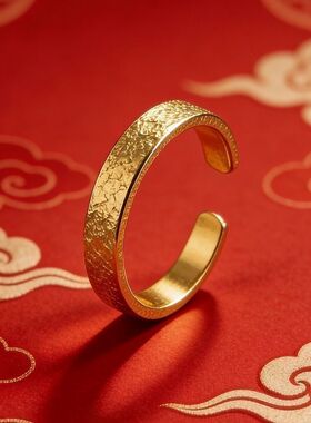 火烧不掉色 足金锤纹戒指18k金情侣戒指女时尚开口指环送女友礼物