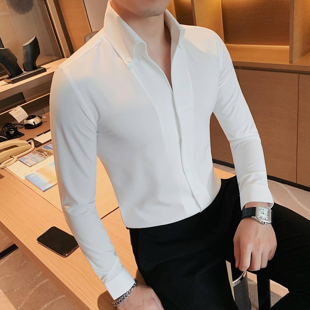 冬季加厚衬衫保暖男秋季法式大V领士秋长袖天鹅绒暖帅商务休1016w - 图1