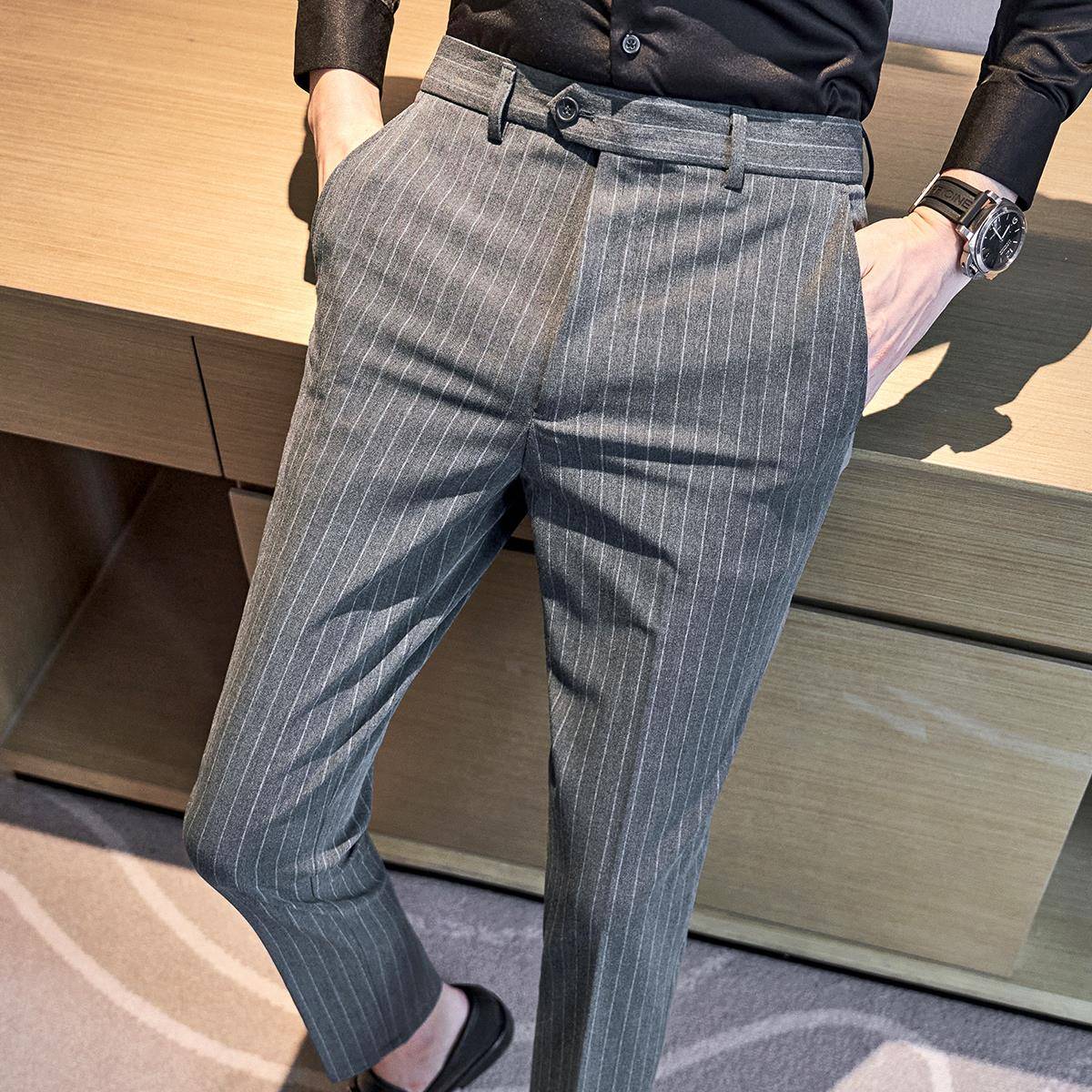 新款条纹西裤男秋冬季加厚感修身小脚男士休闲长裤商务西装0929z - 图1