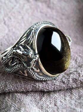 新款小众个性设计饰品时尚复古风戒指金色霸气男款开口黑体金光龙