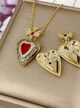 情人节小众设计爱心相盒项链开合桃心吊坠锁骨链铜镀真金女式全新