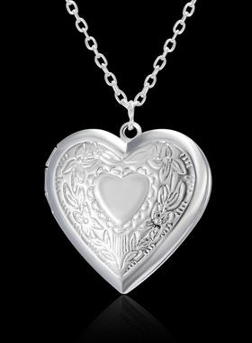 厂家直销雕花爱心桃心可打开相框相盒照片吊坠项链女镀银现货链条