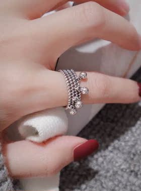 泰银复古戒指 4个小圆珠招财缠绕多层流苏球开口可调节宫廷指环女