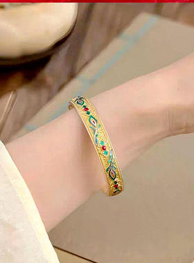 女小众设计不掉色凤翎足银手镯女纯银羽珐琅描金开口银镯子新中式