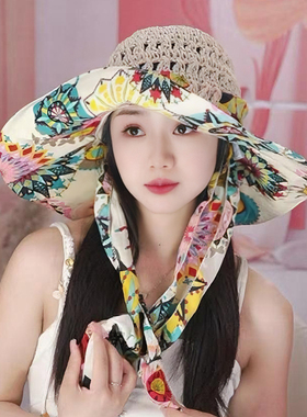 波西米亚草编空顶大檐防晒帽女