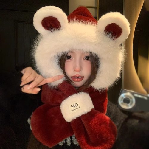 红色可爱小熊毛绒帽子围巾一体女2025秋冬保暖护耳骑行围脖两件套 - 图0