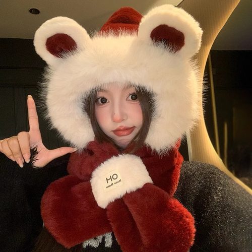 红色可爱小熊毛绒帽子围巾一体女2025秋冬保暖护耳骑行围脖两件套 - 图1