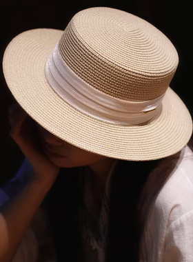 法式平顶草帽女夏季UPF50+防晒