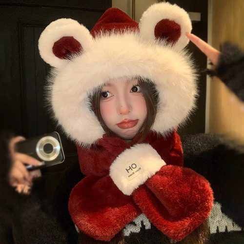 红色可爱小熊毛绒帽子围巾一体女2025秋冬保暖护耳骑行围脖两件套 - 图3