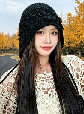 秋季镂空花朵流苏包头毛线帽女