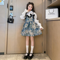 Girl Autumn Dress Dress Dress 2023 New Childrens Shirt Spring Autumn Style Suit Foreign Air Girl Fall Hanging Strap Skirt