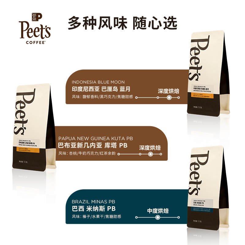 【新品】Peets皮爷精选单产地新鲜烘焙深烘中烘咖啡豆小规格150g - 图0