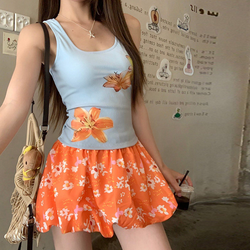HEYOUNGIRL橘子汽水花卉印花撞色吊带背心碎花橙色花苞半裙套装女,淘宝优惠券,粉丝福利购,淘宝优惠卷