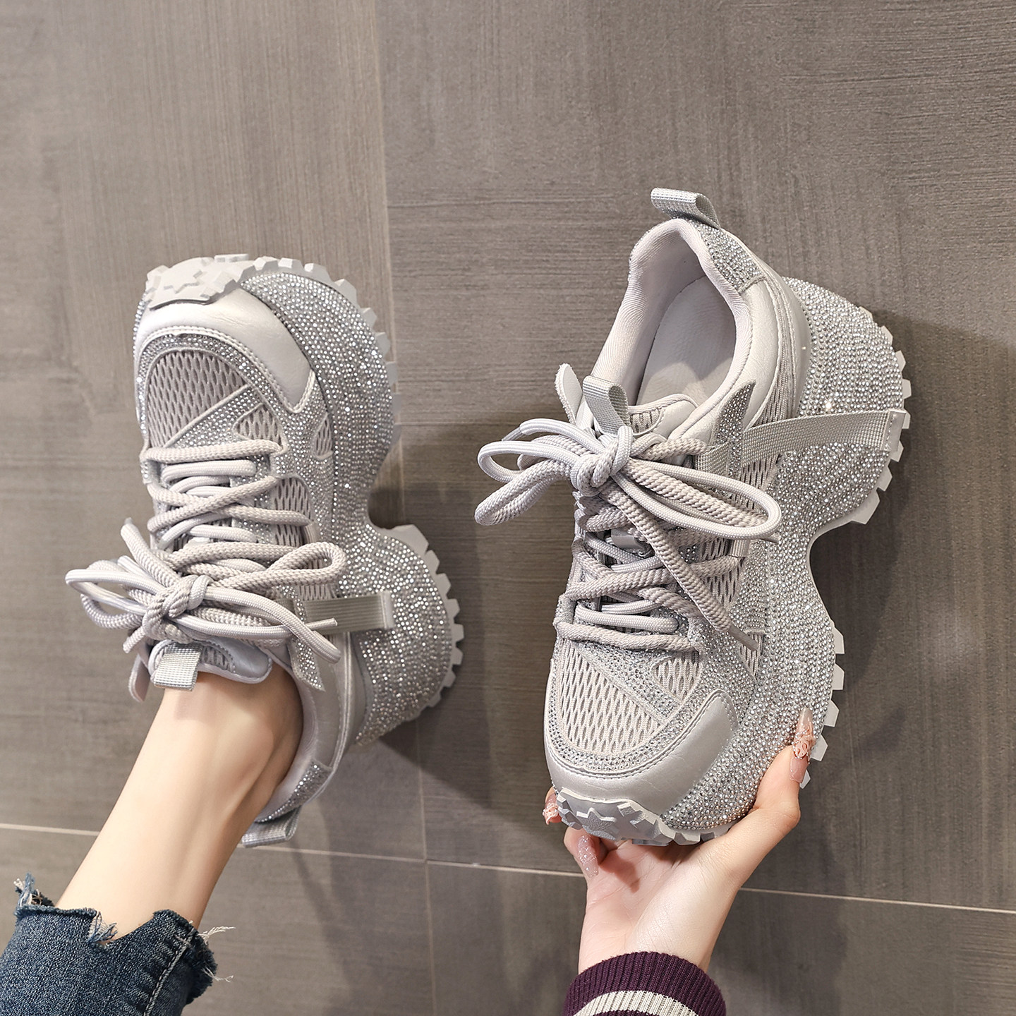 春季时尚内增高老爹鞋女款2026新款洋气水钻高级感厚底运动休闲鞋,淘宝优惠券,粉丝福利购,淘宝优惠卷