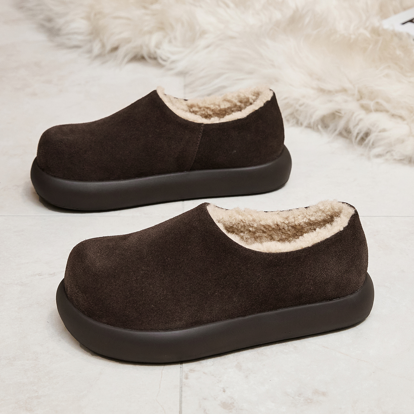 加绒保暖勃肯鞋女鞋2025冬季新款复古真皮软底懒人一脚蹬休闲板鞋 - 图0