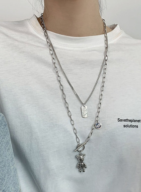 钛钢不掉色双层可活动小熊项链女嘻哈潮酷毛衣链秋冬季辣妹卫衣链