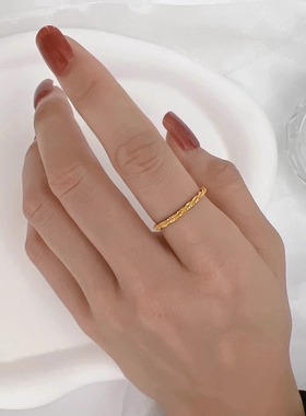 时尚钛钢镀18K金波光粼粼戒指韩版个性链条戒女尾戒指环日韩饰品