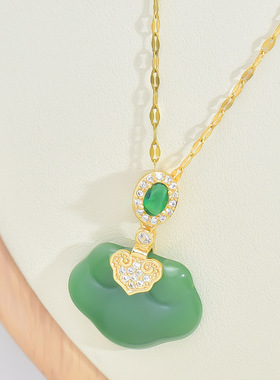 国潮风复古新款玉石项链女祥云如意福锁挂锁吊坠时尚优雅锁骨链