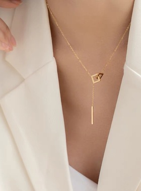 通体钛钢方块相扣流苏项链锁骨链女夏设计感轻奢小众颈链冷淡风