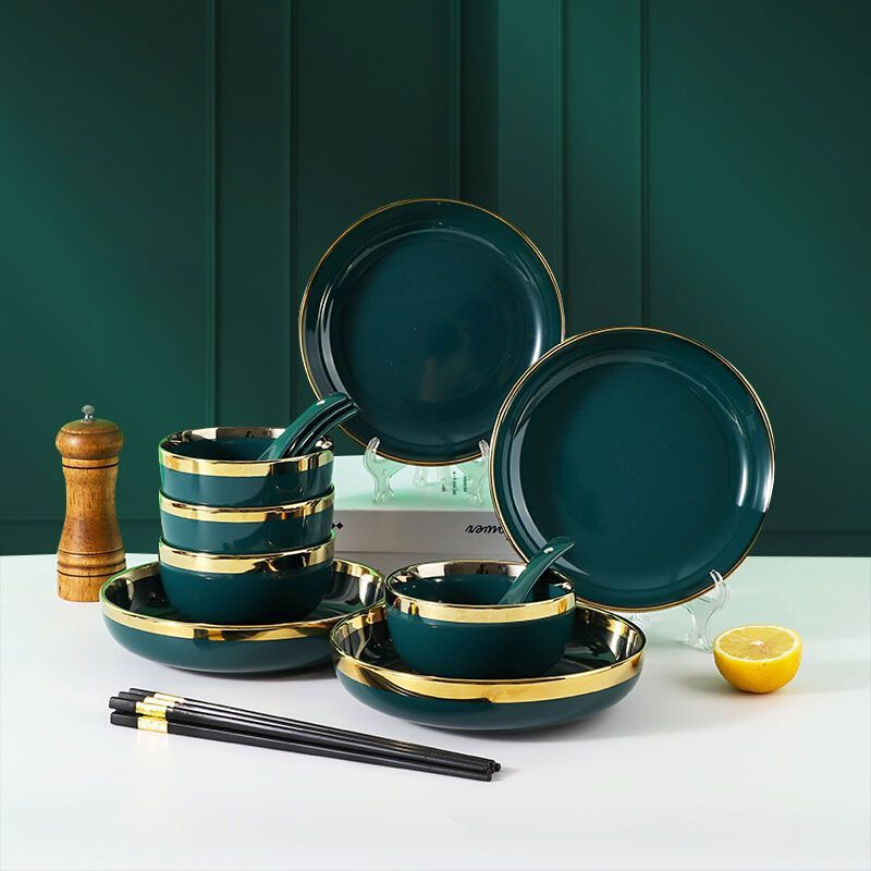 北欧轻奢碗碟套装家用祖母绿金边餐具乔迁礼盒碗盘组合高颜值 - 图3