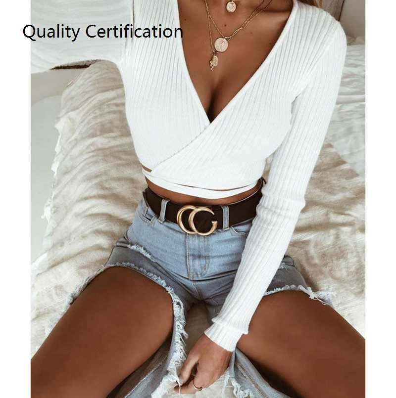 White Khaki Long Sleeve T shirt V-neck Sexy Top - 图0