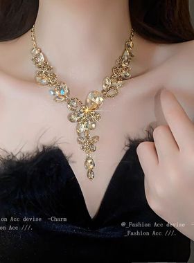 金色耳饰项链套装婚纱晚礼服千金配饰女款新娘夸张锁骨颈链高级感