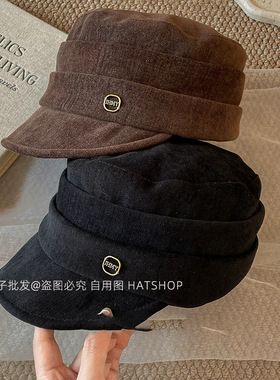 麂皮绒褶皱马术帽女秋冬复古报童